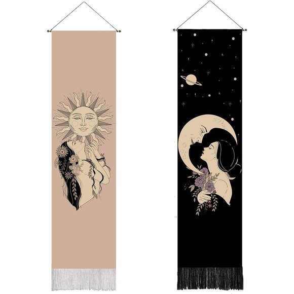 12.8'' x 53.1'' 2 Boho Sun and Moon Aesthetic Black Cotton Linen Wall Tapestry